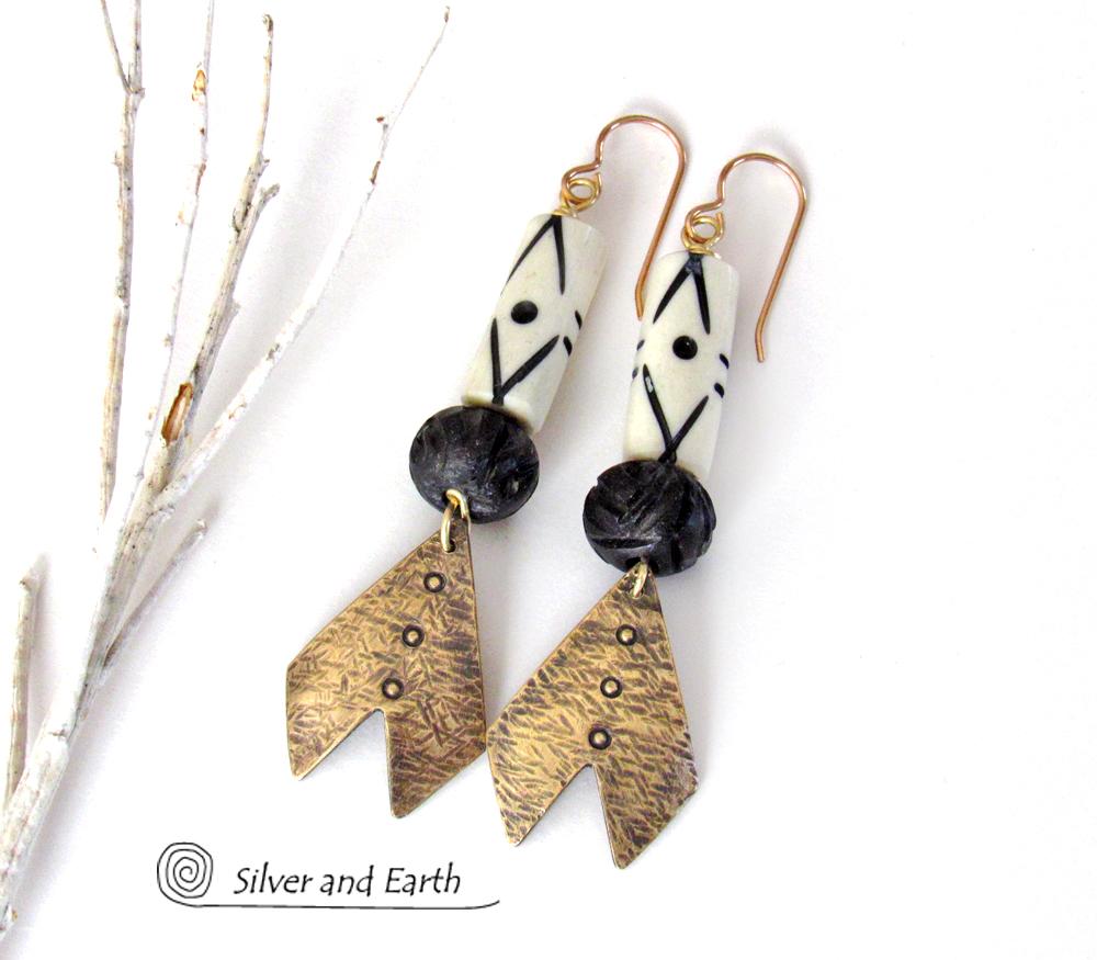 Brass Chevron Earrings with African Carved Bone - Boho African Tribal Jewelry