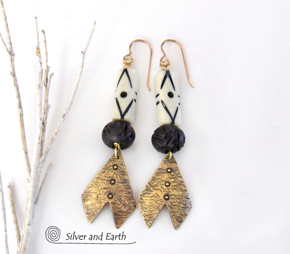 Brass Chevron Earrings with African Carved Bone - Boho African Tribal Jewelry