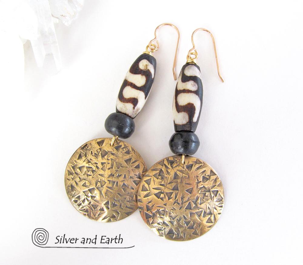 Big Brass Earrings with African Batik Bone - Boho Tribal Jewelry