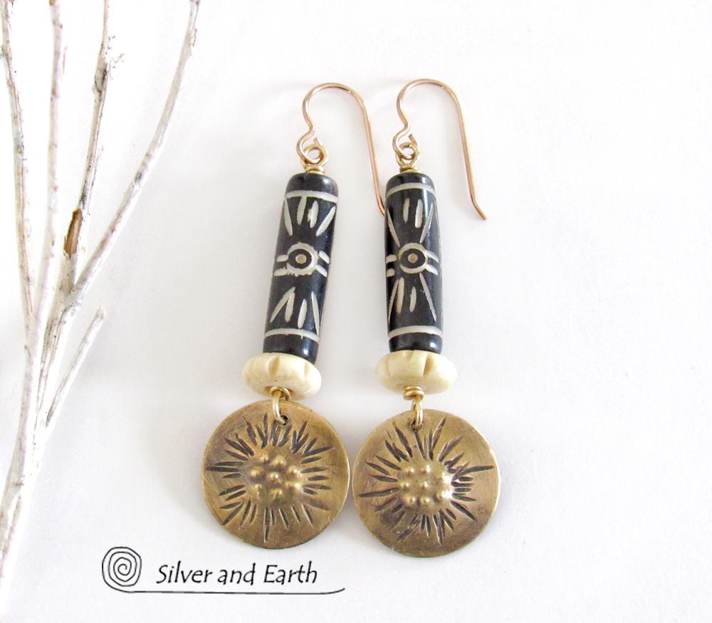 Brass Earrings with African Batik & Carved Bone - Boho Tribal African Jewelry
