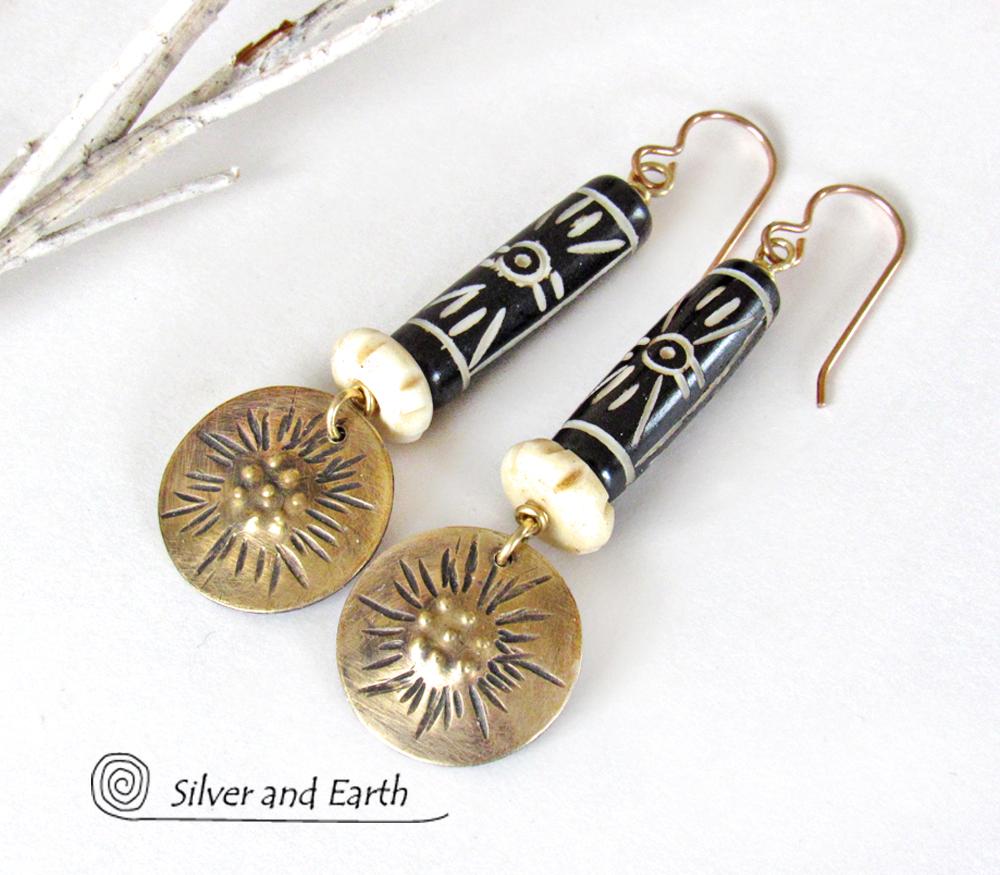 Brass Earrings with African Batik & Carved Bone - Boho Tribal African Jewelry