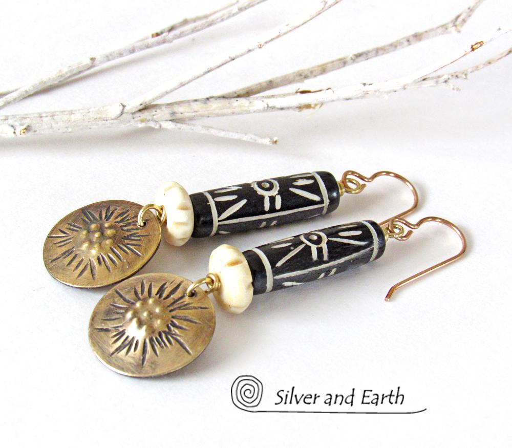 Brass Earrings with African Batik & Carved Bone - Boho Tribal African Jewelry