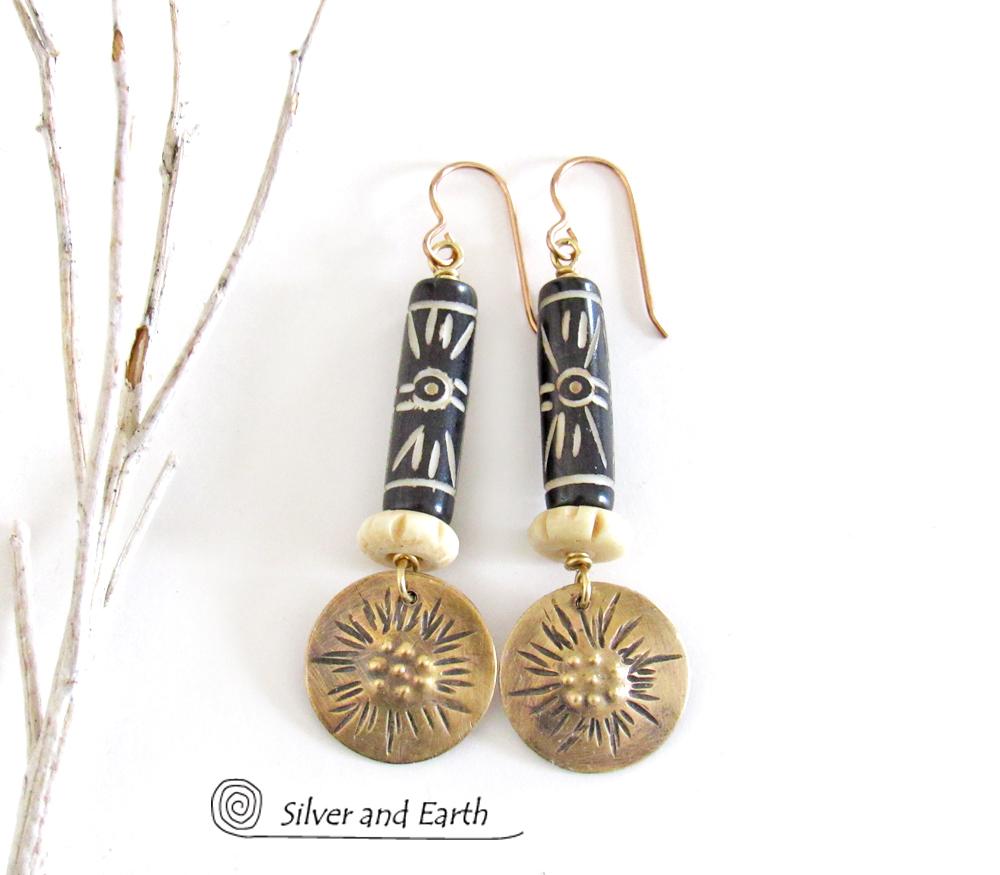 Brass Earrings with African Batik Carved Bone Beads Boho Tribal African Jewelry