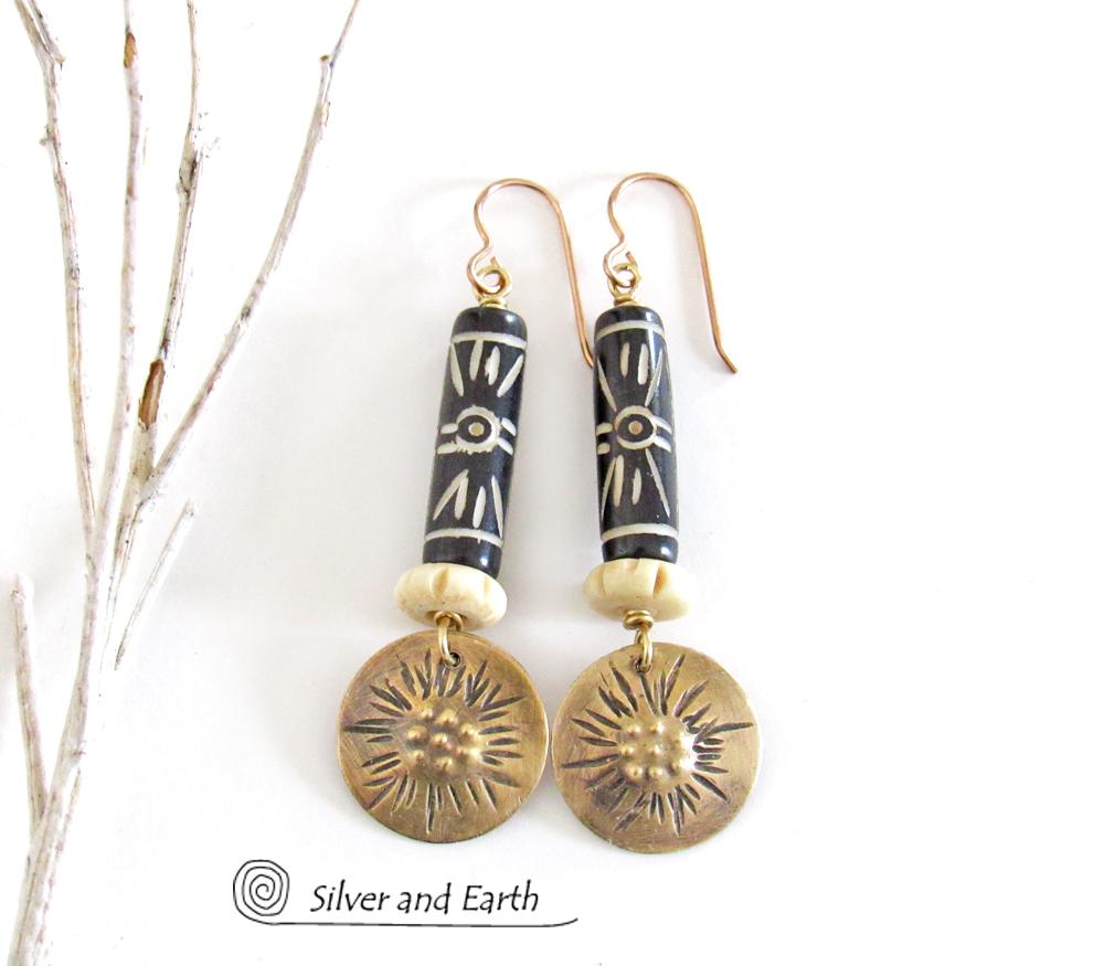 Brass Earrings with African Batik & Carved Bone - Boho Tribal African Jewelry