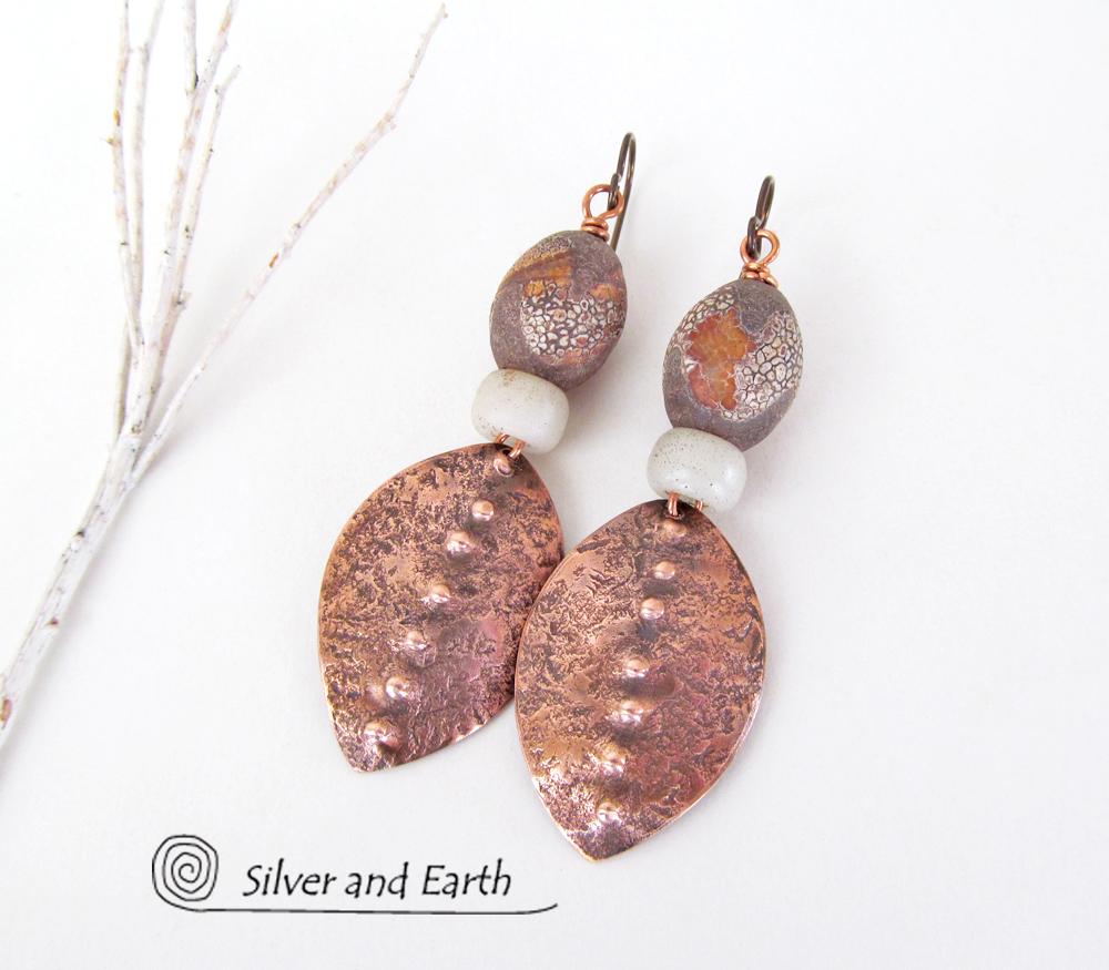 Copper Tribal Earrings with Etched African Agate Stones - Bold Exotic Jewelry