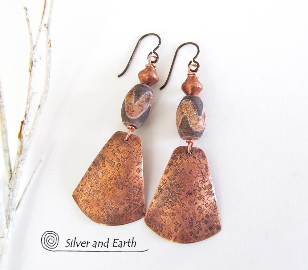 Copper Tribal Earrings with Etched African Agate Stones - Unique Boho Jewelry