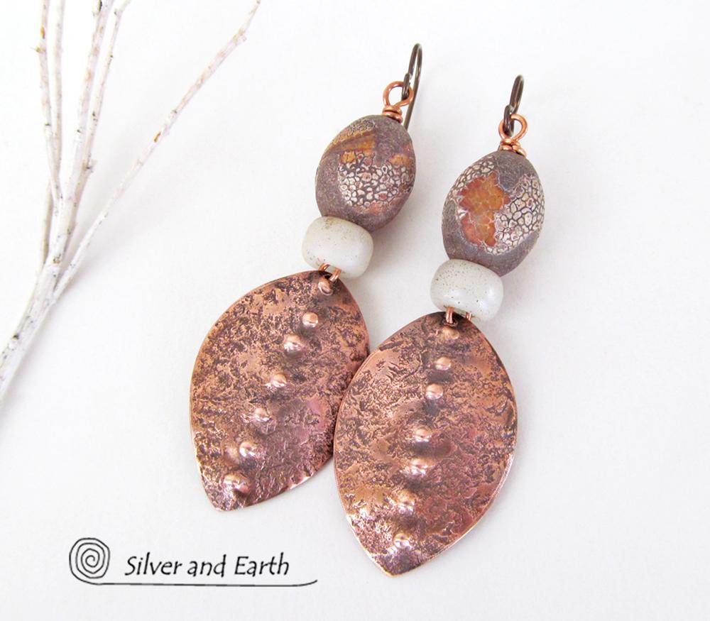 Copper Tribal Earrings with Etched African Agate Stones - Bold Exotic Jewelry