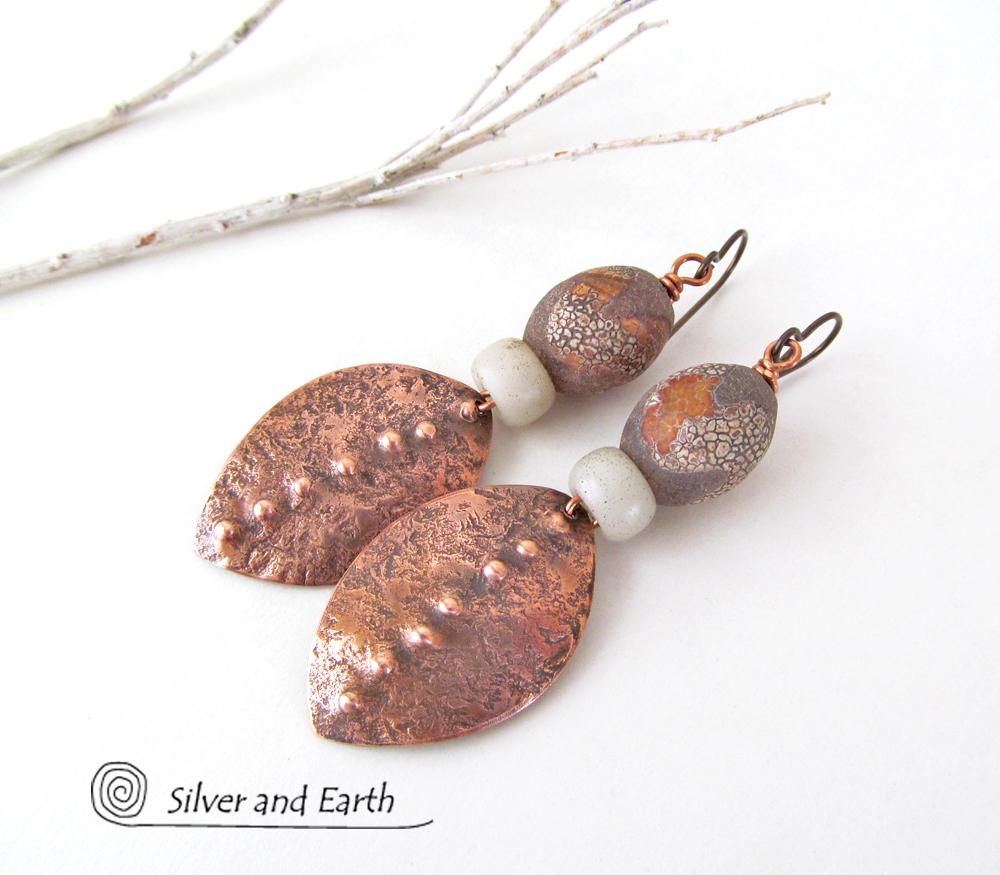 Copper Tribal Earrings with Etched African Agate Stones - Bold Exotic Jewelry