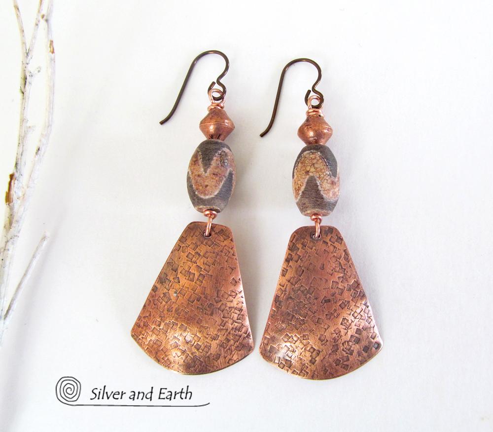 Copper Tribal Earrings with Etched African Agate Stones - Unique Boho Jewelry