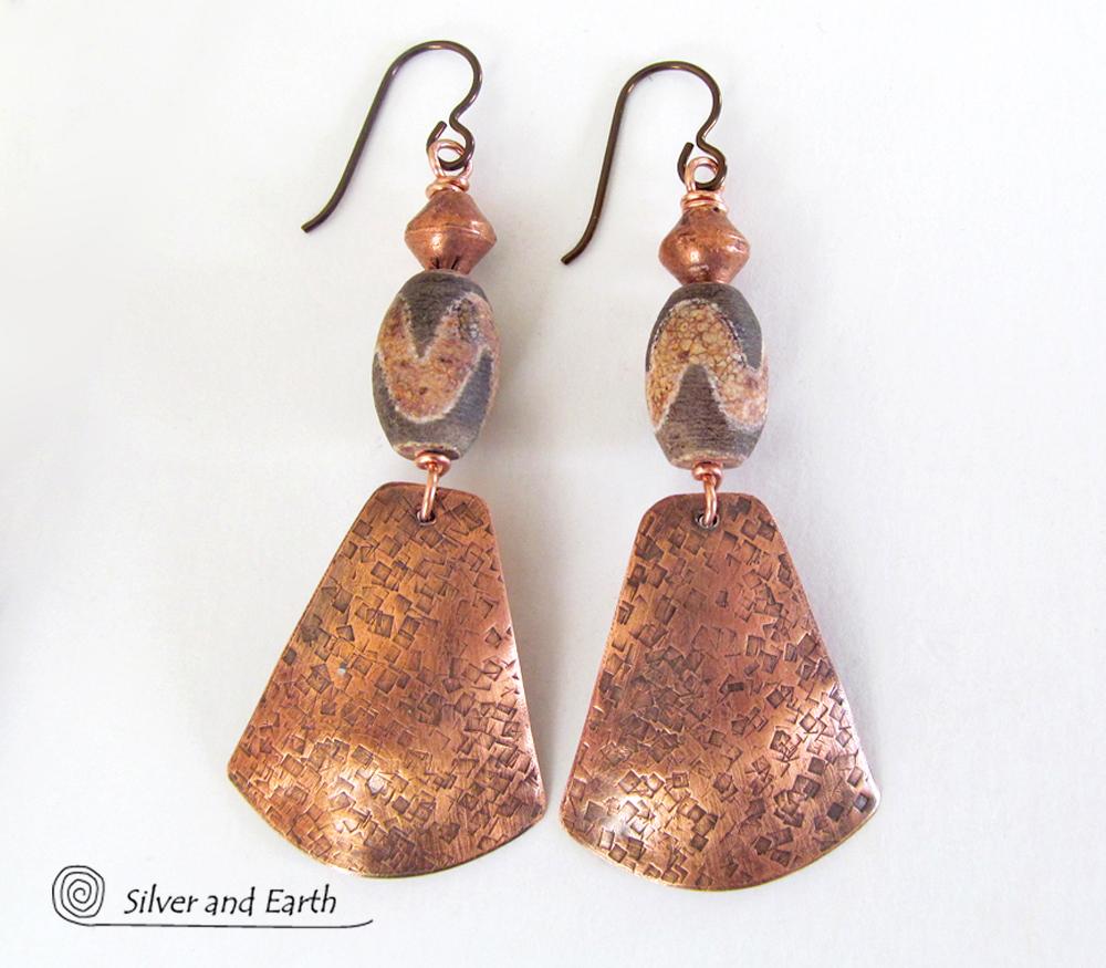 Copper Tribal Earrings with Etched African Agate Stones - Unique Boho Jewelry