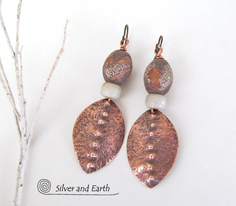 Copper Tribal Earrings with Etched African Agate Stones - Bold Exotic Jewelry