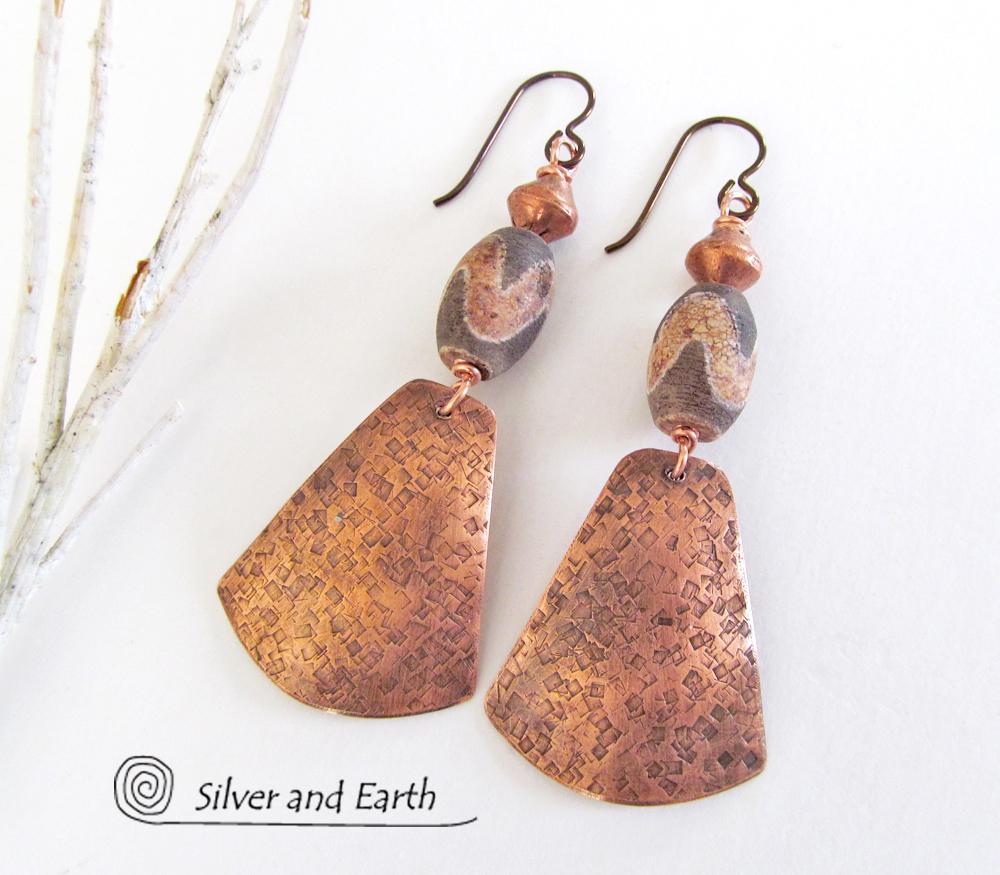 Copper Tribal Earrings with Etched African Agate Stones - Unique Boho Jewelry