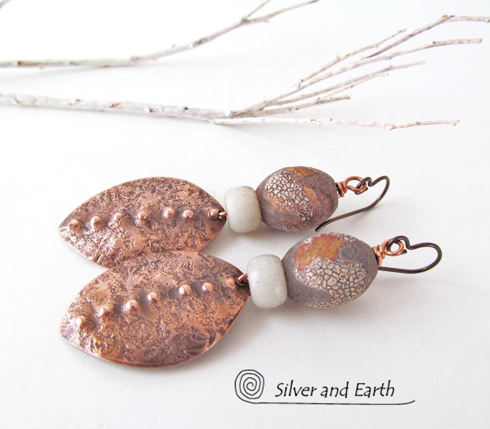 Copper Tribal Earrings with Etched African Agate Stones - Bold Exotic Jewelry