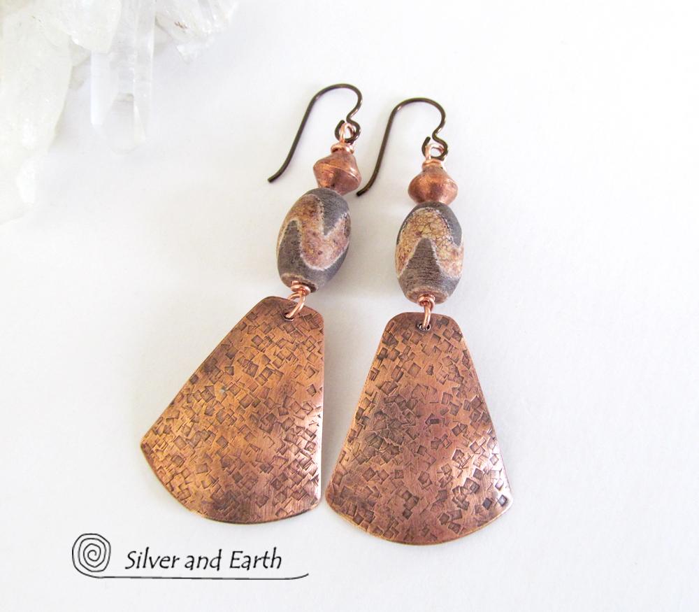 Copper Tribal Earrings with Etched African Agate Stones - Unique Boho Jewelry