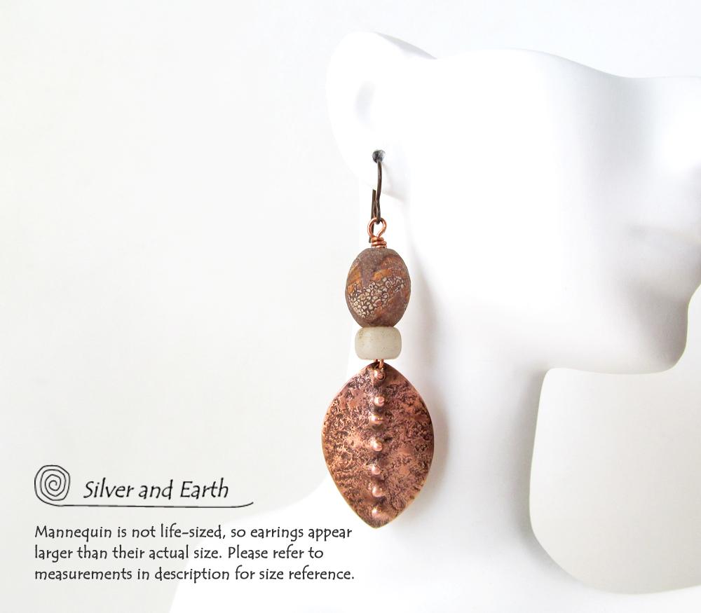 Copper Tribal Earrings with Etched African Agate Stones - Bold Exotic Jewelry