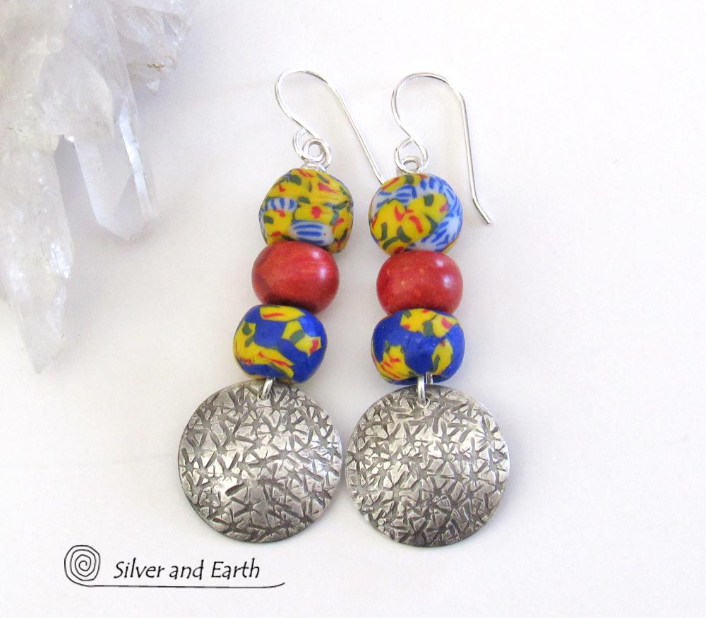 African Glass Bead Sterling Silver Earrings with Coral - Colorful Boho Jewelry
