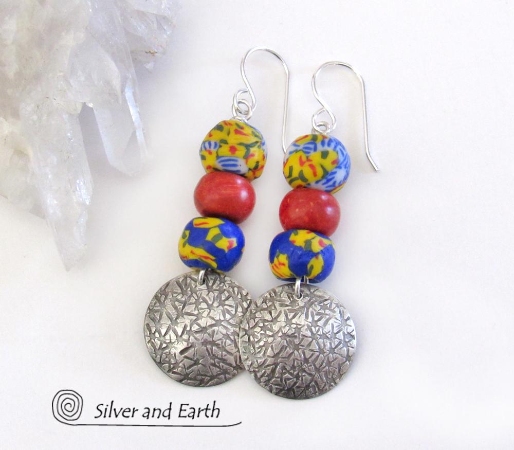 African Glass Bead Sterling Silver Earrings with Coral - Colorful Boho Jewelry