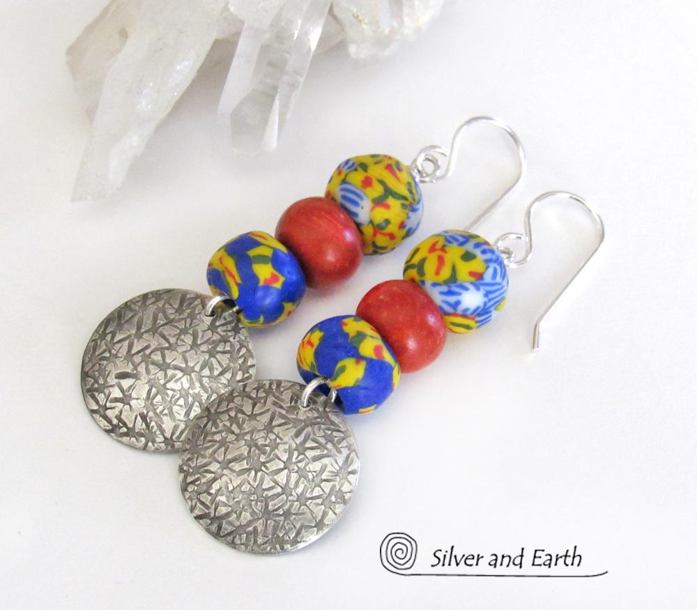 African Glass Bead Sterling Silver Earrings with Coral - Colorful Boho Jewelry