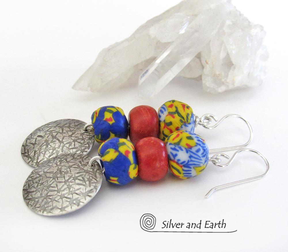 African Glass Bead Sterling Silver Earrings with Coral - Colorful Boho Jewelry