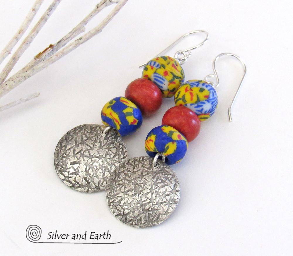 African Glass Bead Sterling Silver Earrings with Coral - Colorful Boho Jewelry
