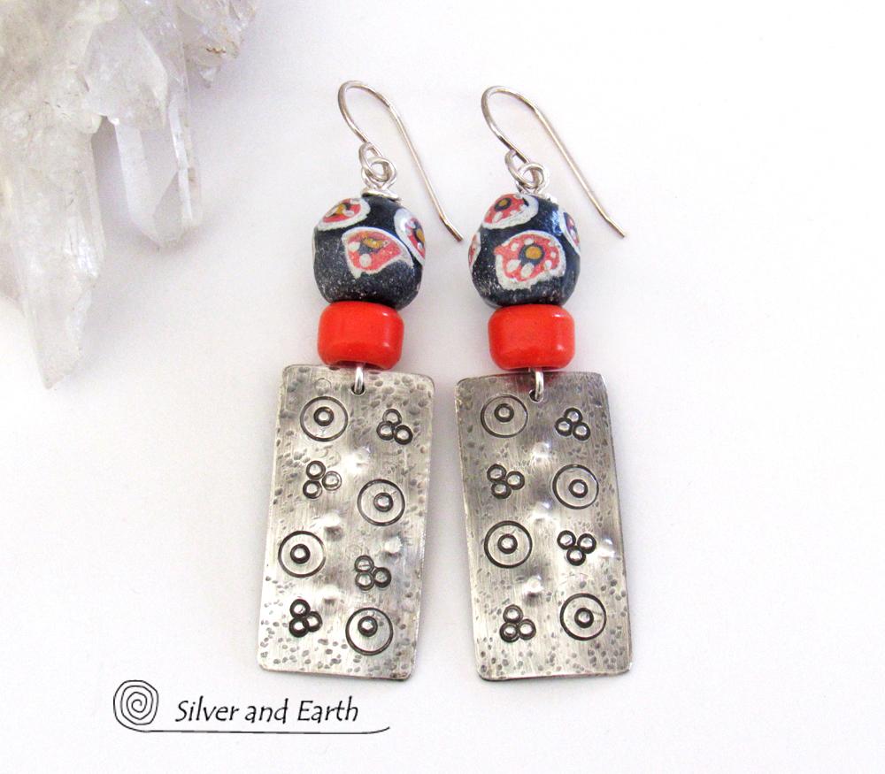 Sterling Silver Earrings with Colorful Hand Painted African Trade Beads