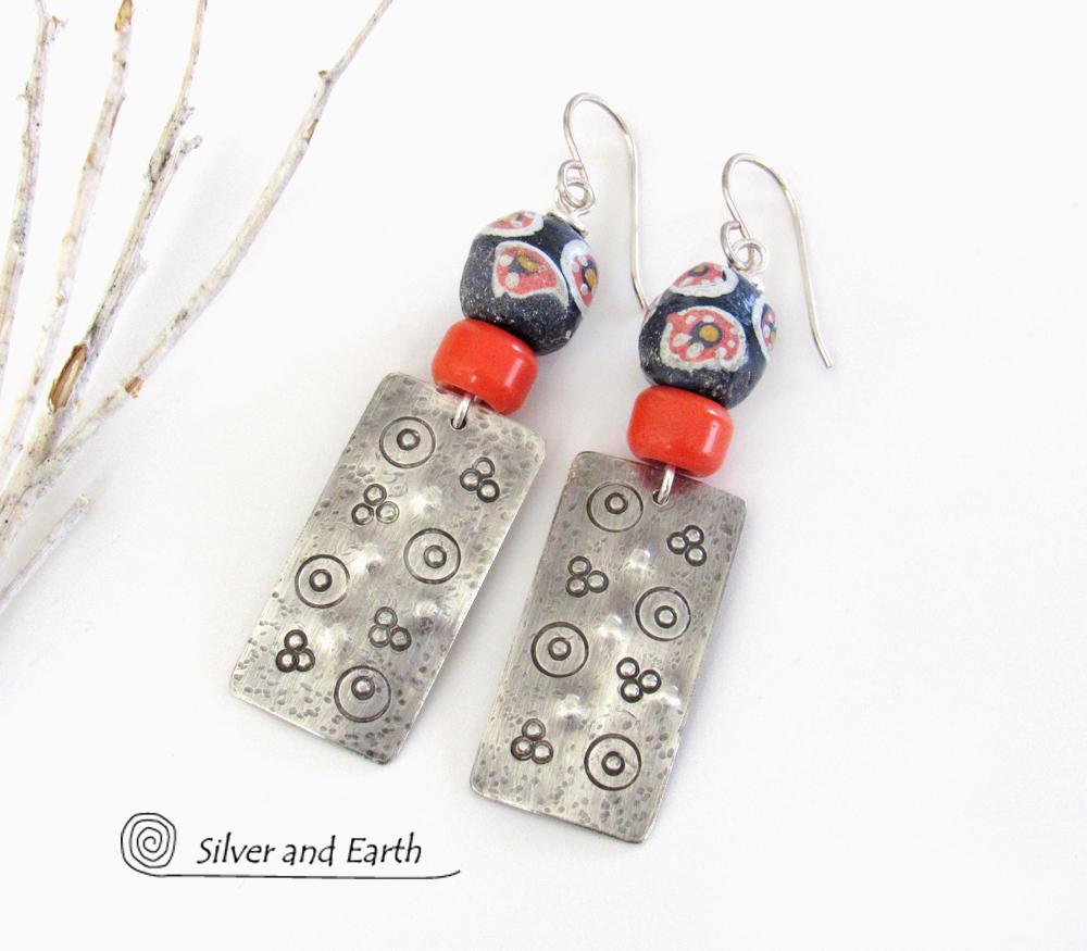 Sterling Silver Earrings with Colorful Hand Painted African Trade Beads