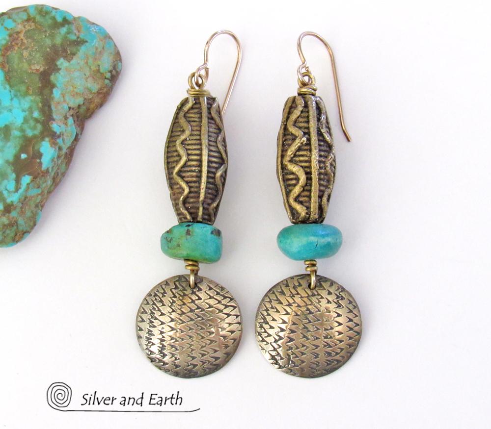 African Tribal Brass Earrings with Turquoise - Bold Exotic Ethnic Tribal Jewelry