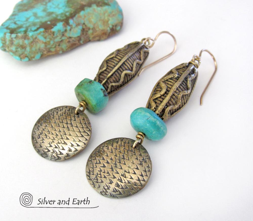 African Tribal Brass Earrings with Turquoise - Bold Exotic Ethnic Tribal Jewelry