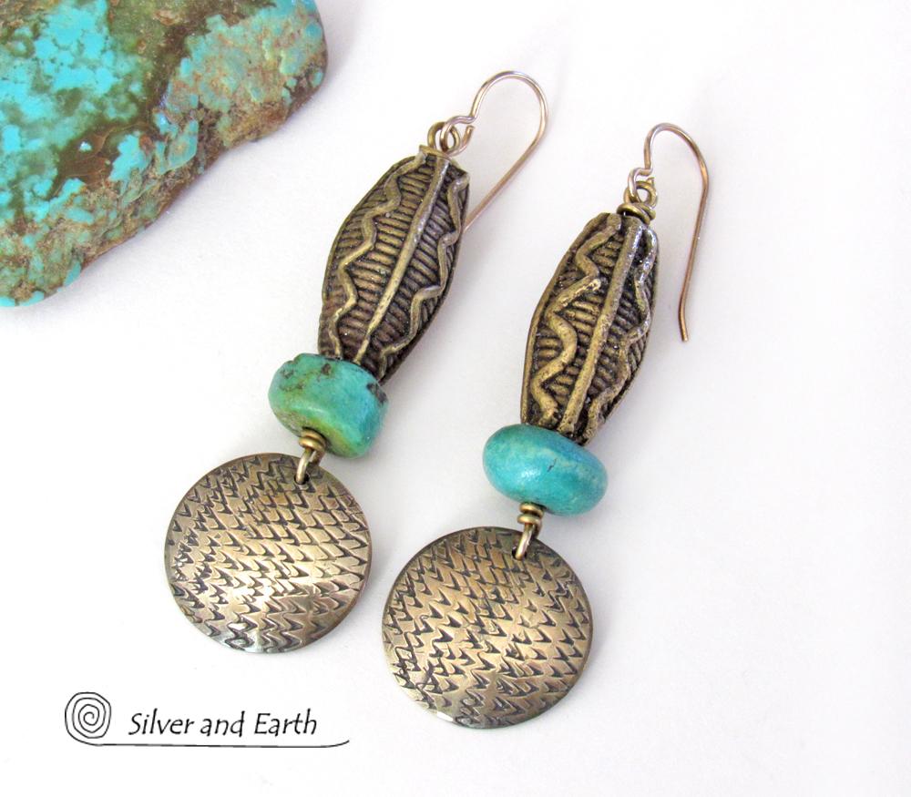African Tribal Brass Earrings with Turquoise - Bold Exotic Ethnic Tribal Jewelry