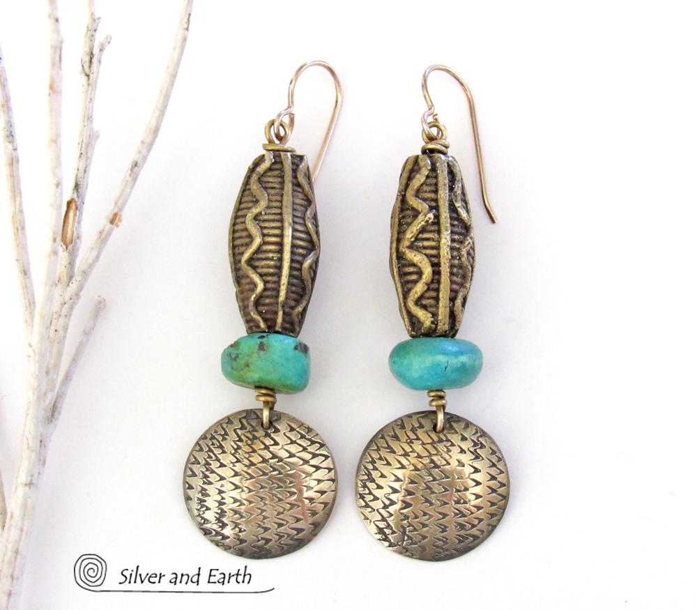 African Tribal Brass Earrings with Turquoise - Bold Exotic Ethnic Tribal Jewelry