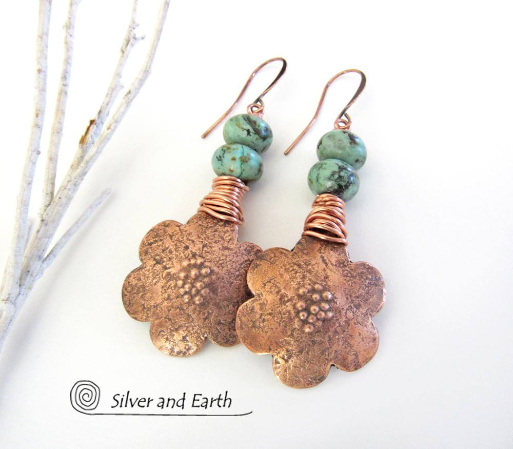 Copper Flower Earrings with African Turquoise Stones - Nature Jewelry