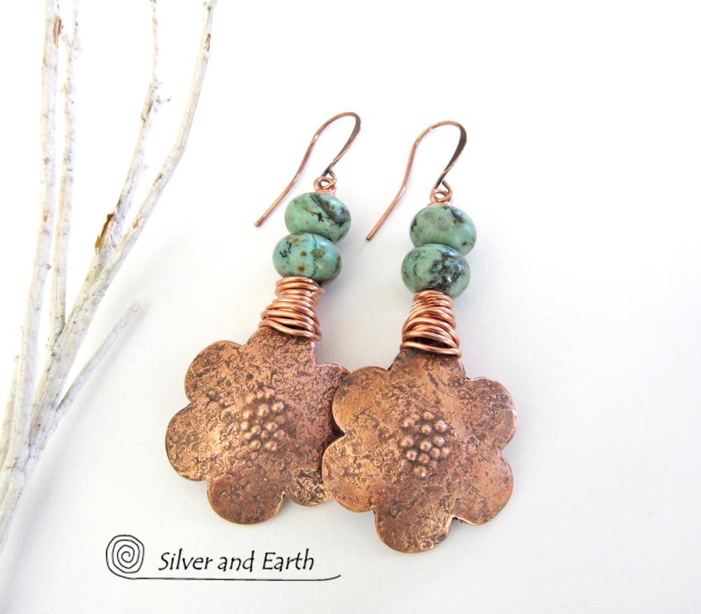 Copper Flower Earrings with African Turquoise Stones - Nature Jewelry