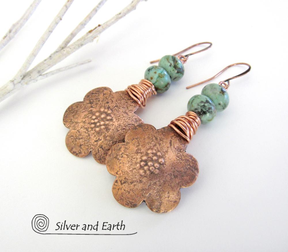 Copper Flower Earrings with African Turquoise Stones - Nature Jewelry