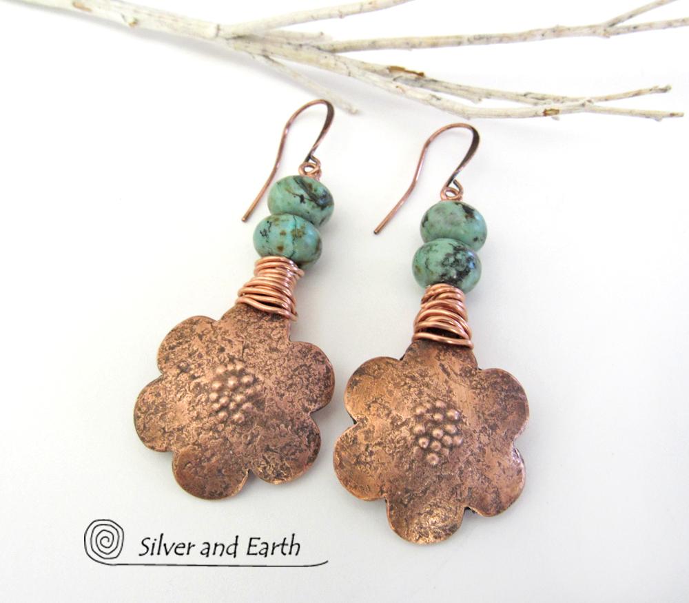 Copper Flower Earrings with African Turquoise Stones - Nature Jewelry