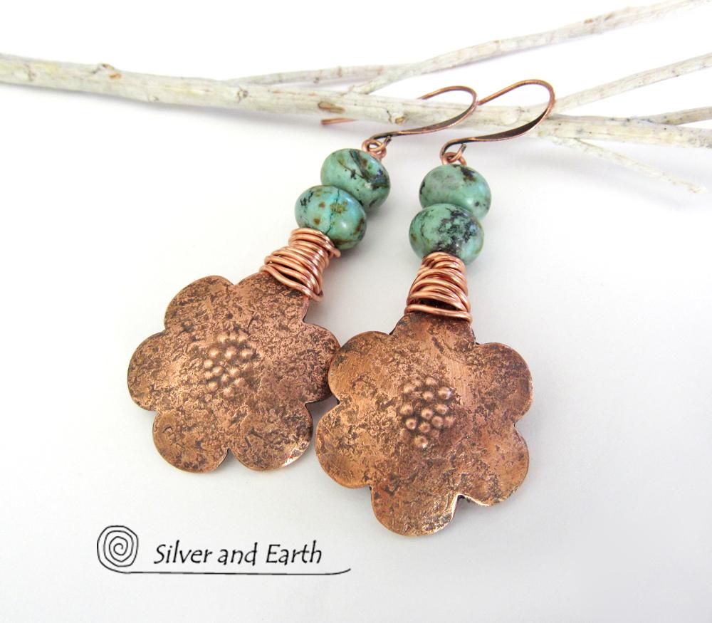 Copper Flower Earrings with African Turquoise Stones - Nature Jewelry