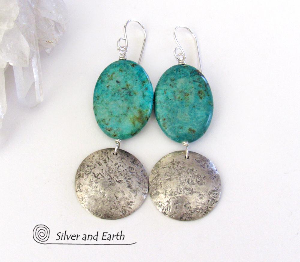 Sterling Silver Earrings with African Turquoise Stones - Organic Earthy Jewelry