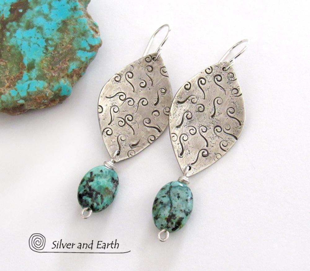 Sterling Silver Earrings with African Turquoise Stones Handcrafted Artisan Jewelry