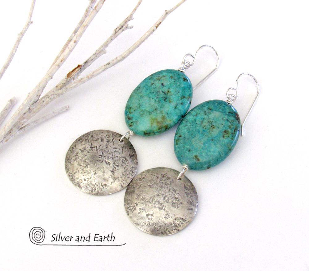 Sterling Silver Earrings with African Turquoise Stones - Organic Earthy Jewelry