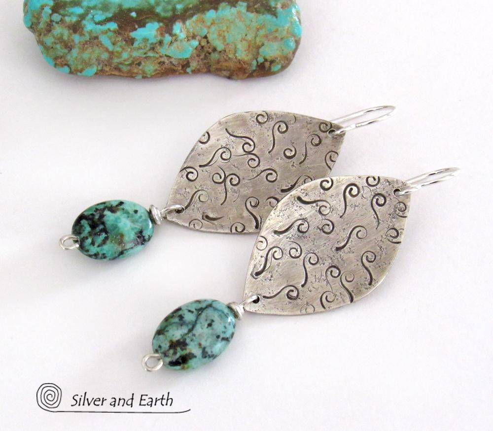 Sterling Silver Earrings with African Turquoise - Handcrafted Artisan Jewelry