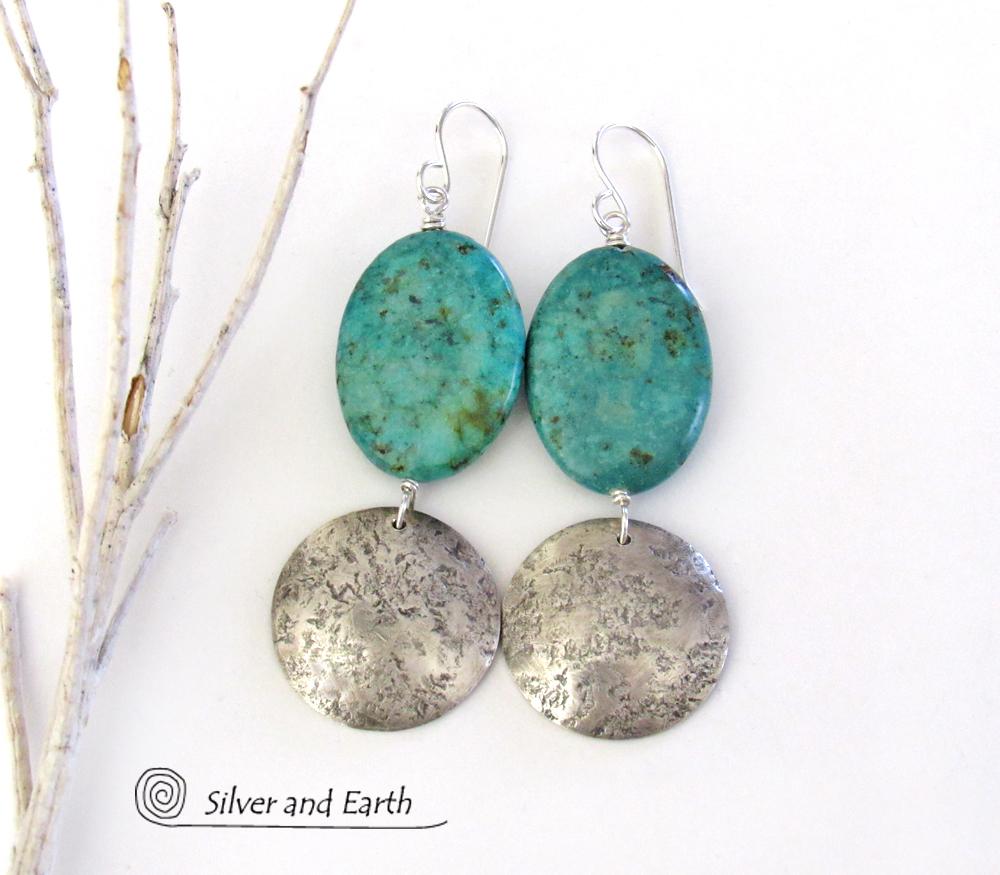 Sterling Silver Earrings with African Turquoise Stones - Organic Earthy Jewelry