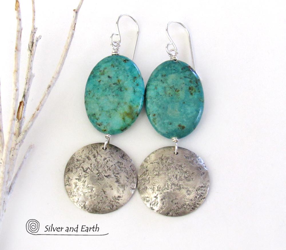 Sterling Silver Earrings with African Turquoise Stones - Organic Earthy Jewelry