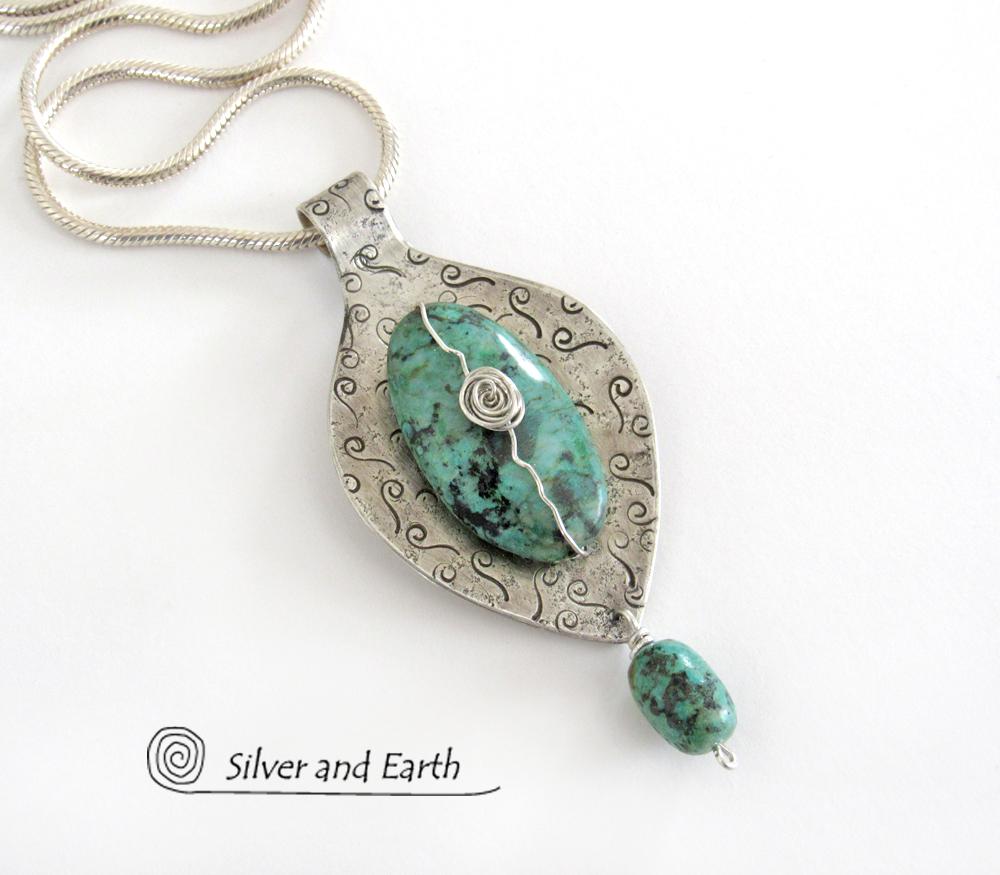 Sterling Silver Necklace with African Turquoise - Unique Silver & Stone Jewelry