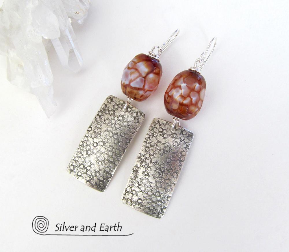 Textured Sterling Silver Earrings with Faceted Black & White Agate Gemstones