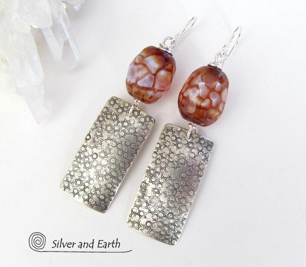 Textured Sterling Silver Earrings with Faceted Black & White Agate Gemstones