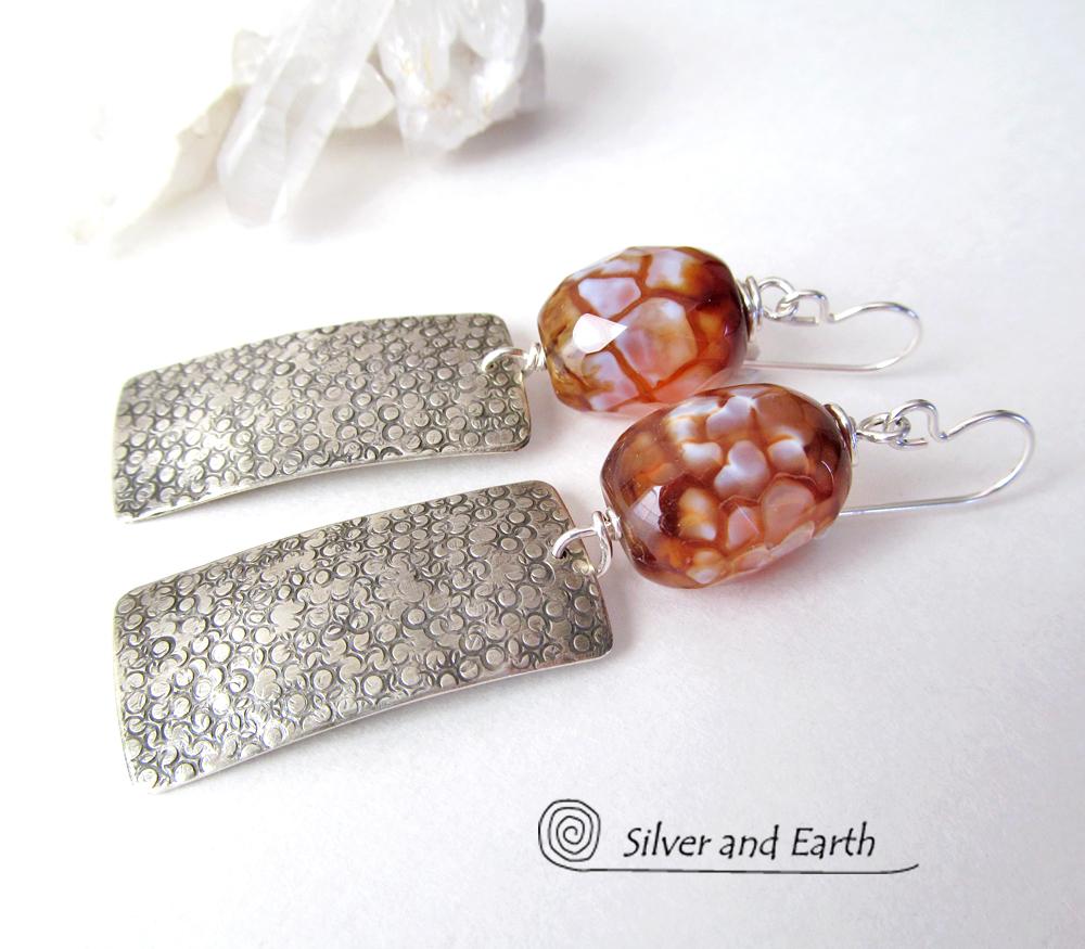 Textured Sterling Silver Earrings with Faceted Black & White Agate Gemstones