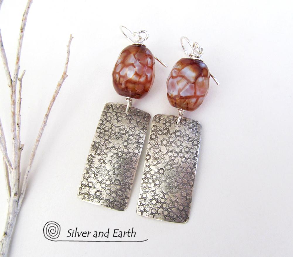 Textured Sterling Silver Earrings with Faceted Black & White Agate Gemstones