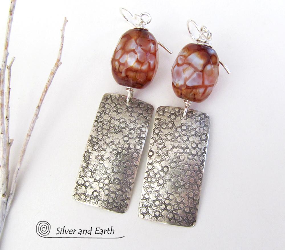 Textured Sterling Silver Earrings with Faceted Black & White Agate Gemstones