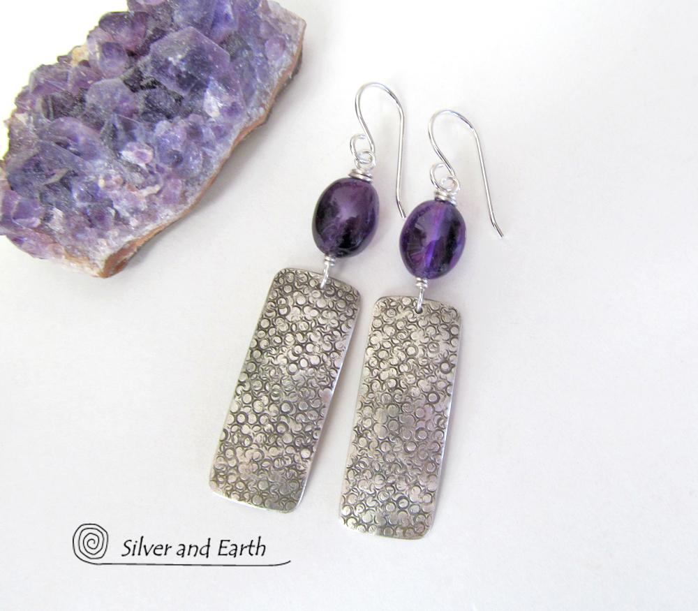 Sterling Silver Dangle Earrings with Purple Amethyst Gemstones