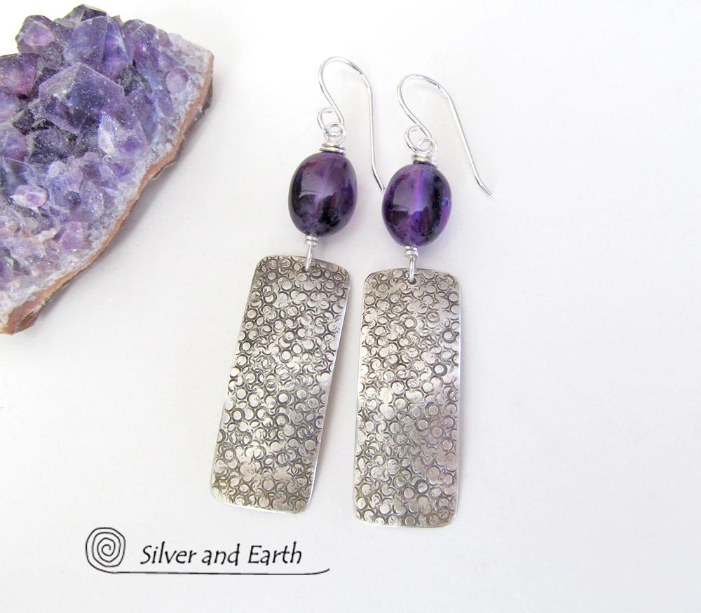 Sterling Silver Dangle Earrings with Purple Amethyst Gemstones