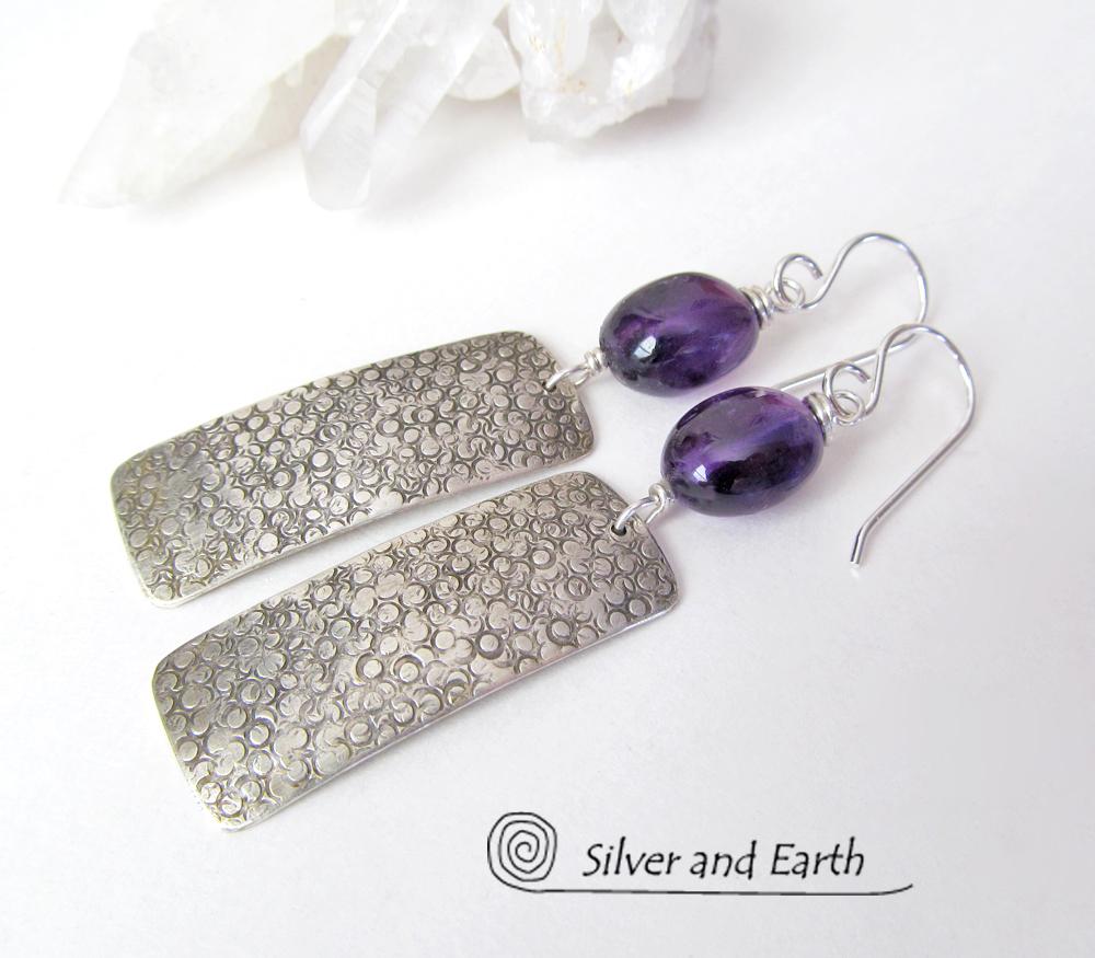 Sterling Silver Dangle Earrings with Purple Amethyst Gemstones